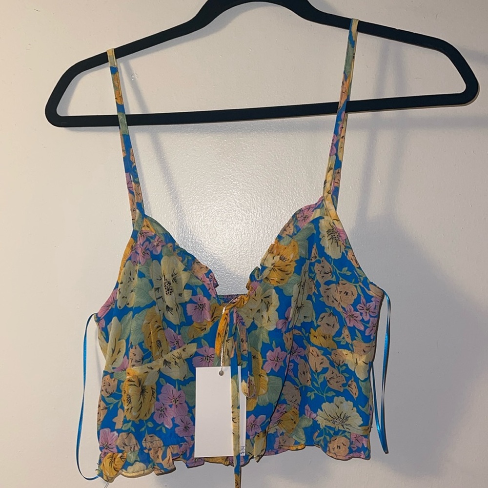 Women crop Tank blue flowers Small